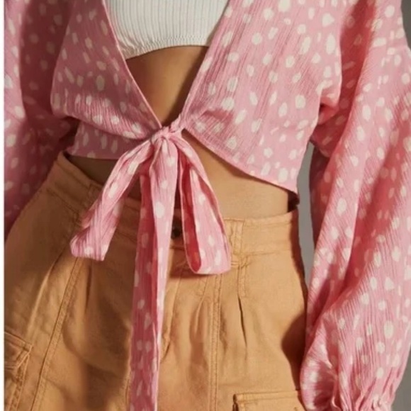 Anthropologie Womens Polka Dot Tie Front Crop Kimono Top One Size Pink White NWT - Picture 2 of 13